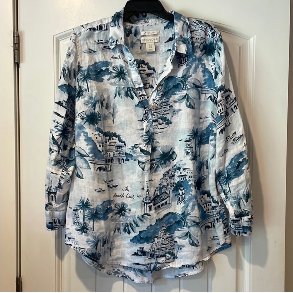 Cynthia Rowley linen Blue and White Printed Blouse